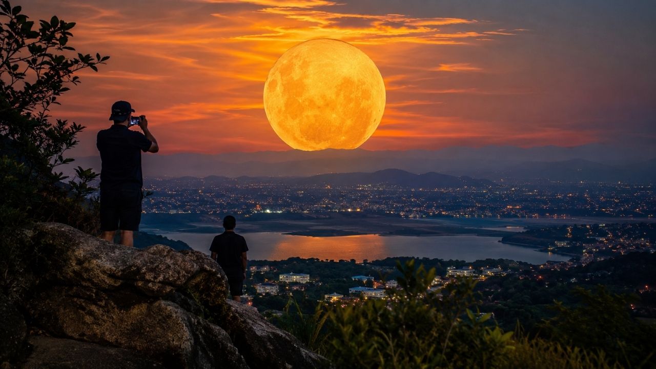 Lua do Cervo: lua cheia favorece observação perto do horizonte, enquanto a paisagem amplia as oportunidades para fotografias.