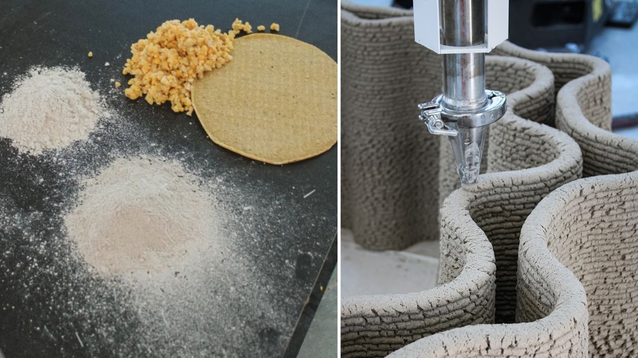 México transformou resíduos de milho em “concreto” para casas impressas em 3D material usa nejayote reciclado e cal, promete cortar até 70% das emissões, reduzir 90% do desperdício