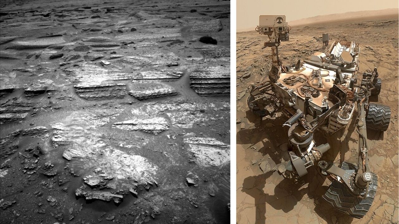 NASA analisa rochas listradas em Marte com rover Curiosity na Cratera Gale para reconstruir a história do Planeta Vermelho.