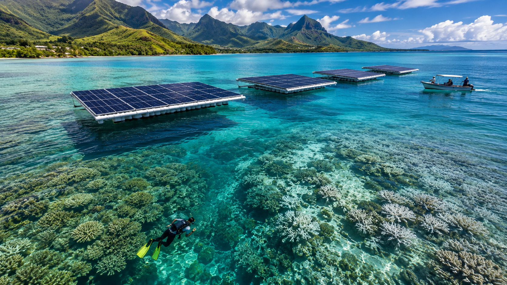Na ilha de Raiatea, estruturas de energia solar flutuante geram eletricidade sobre o mar