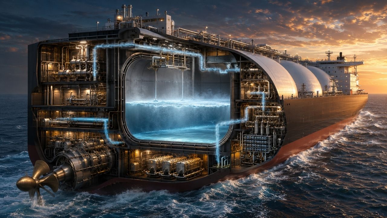Navio transporta GNL a -162 °C, mas usa o vapor que escapa dos próprios tanques para mover a embarcação, alimentar geradores e controlar a pressão interna, enquanto o excesso pode ser