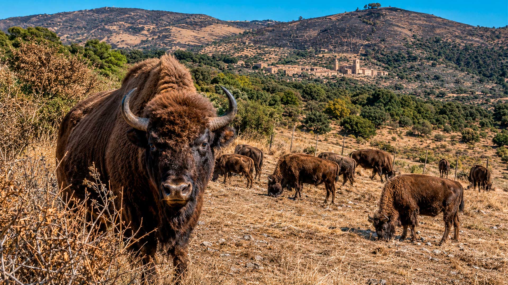 Nove bisões são monitorados em área de 400 hectares na Espanha para avaliar efeitos sobre a vegetação, a biodiversidade e o risco de incêndios florestais