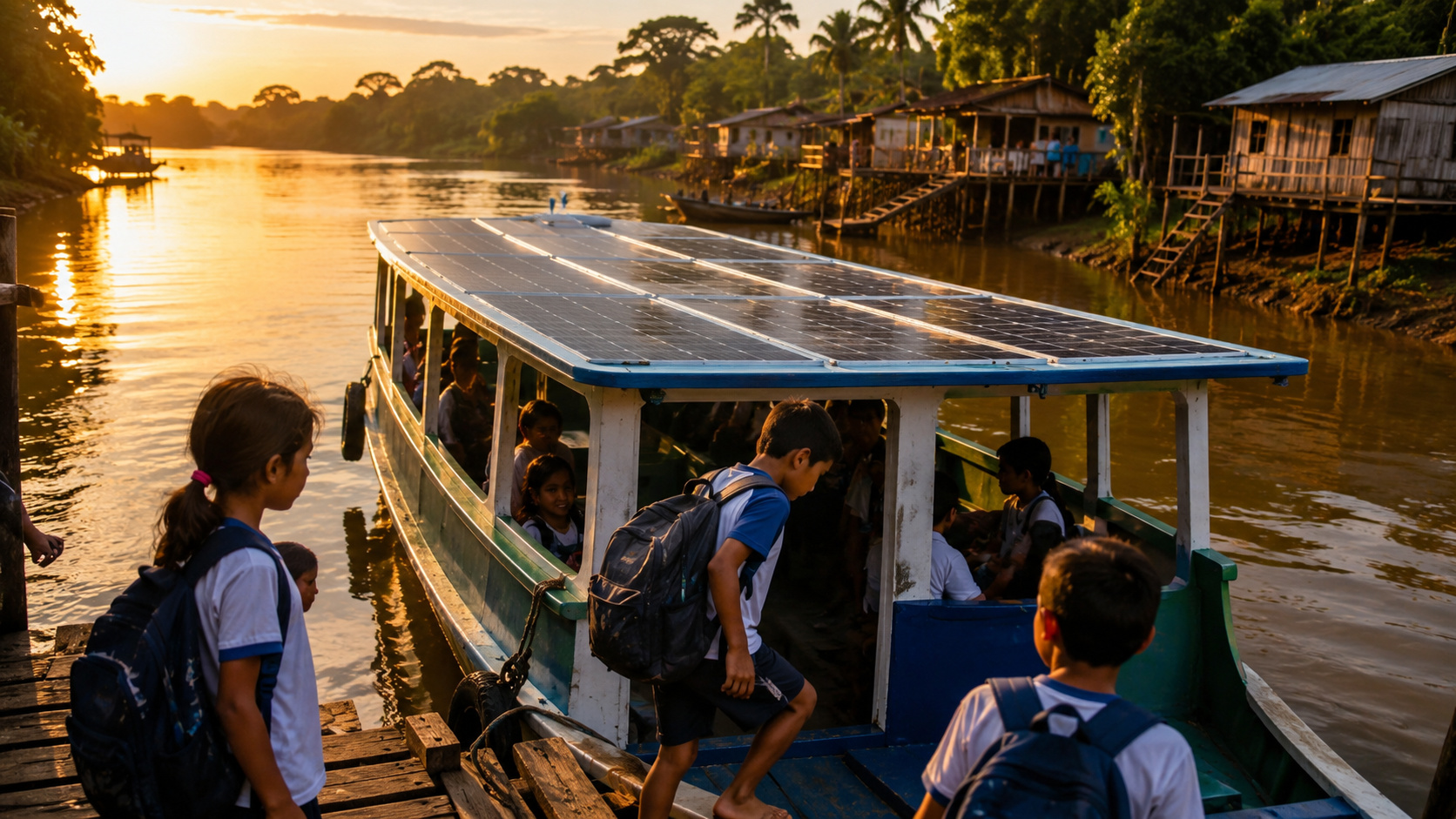 O barco escolar solar atende estudantes de Santa Rosa, na Ilha das Onças