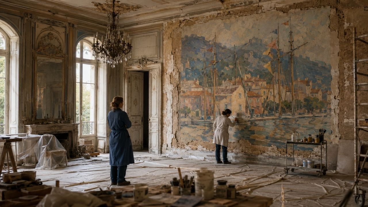 Mural de Paul Cézanne na Bastide du Jas de Bouffan, em Aix-en-Provence, revela Entrada do Porto no grande salão.