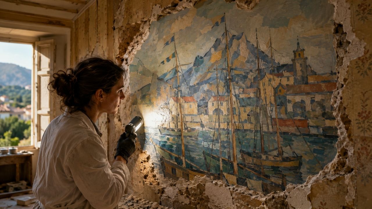 Mural de Paul Cézanne na Bastide du Jas de Bouffan, em Aix-en-Provence, revela Entrada do Porto no grande salão.