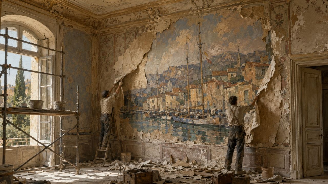 Mural de Paul Cézanne na Bastide du Jas de Bouffan, em Aix-en-Provence, revela Entrada do Porto no grande salão.
