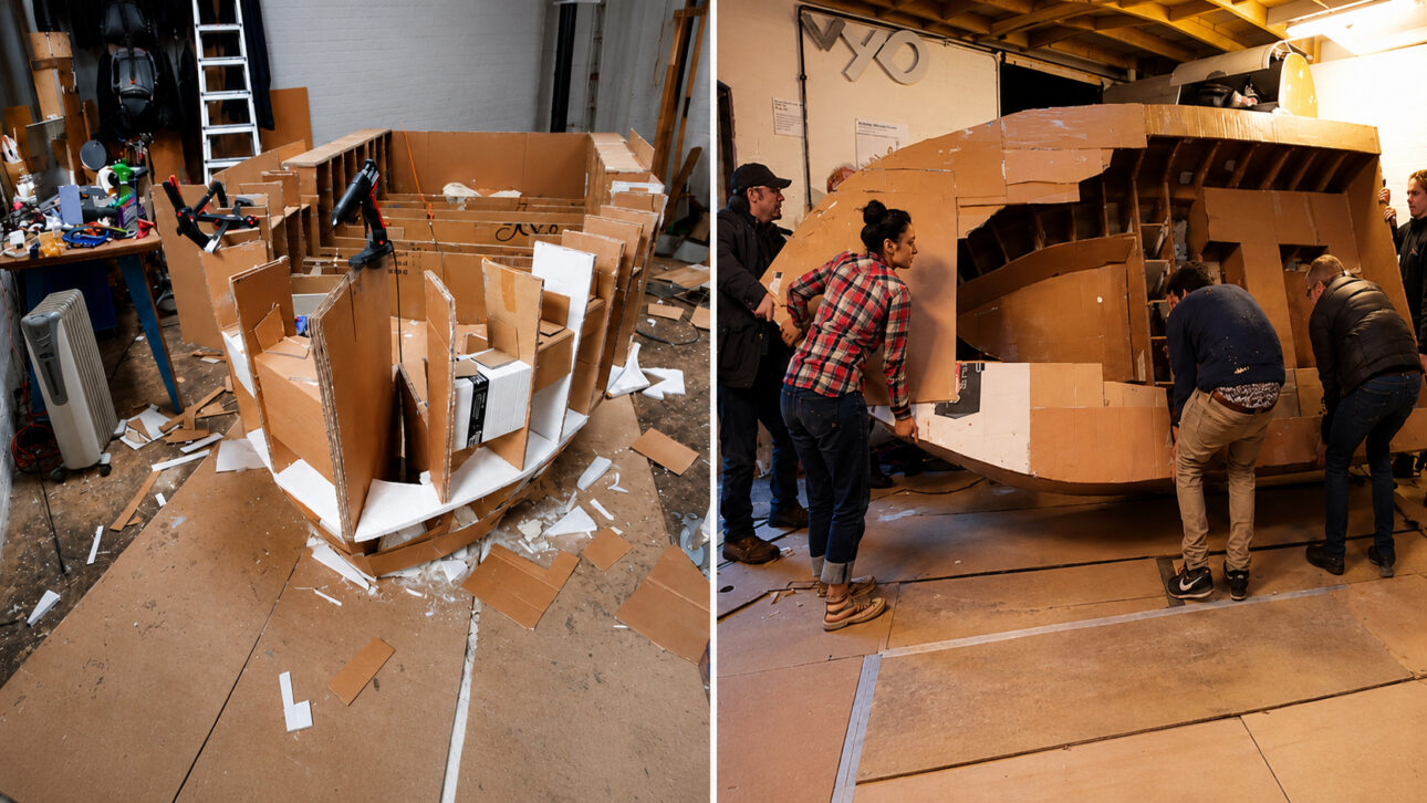 Discarded cardboard became the structure of a floating house