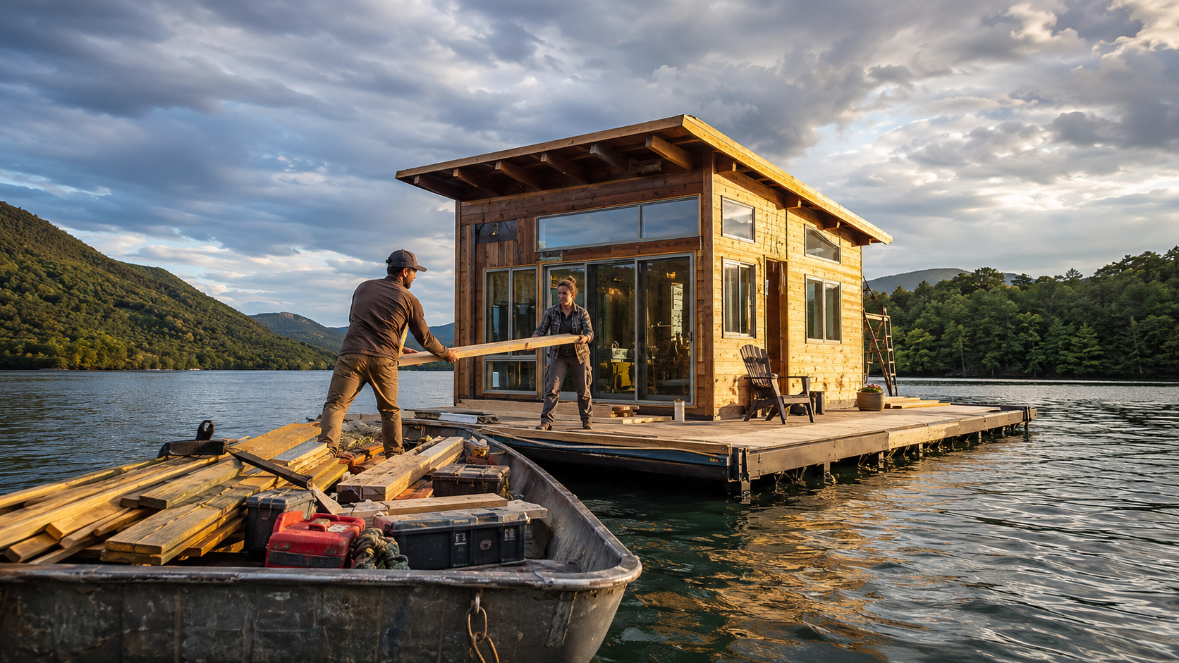 Para morar onde carros não chegam, Sarah Spiro e Brandon Jones construíram uma casa flutuante de 33 m² na Carolina do Norte