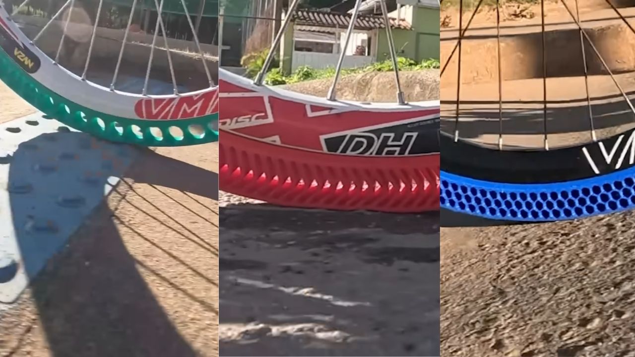 Airless bicycle tires use 3D printing and TPU; tests evaluate resistance and cushioning on stones, nails, and knife.