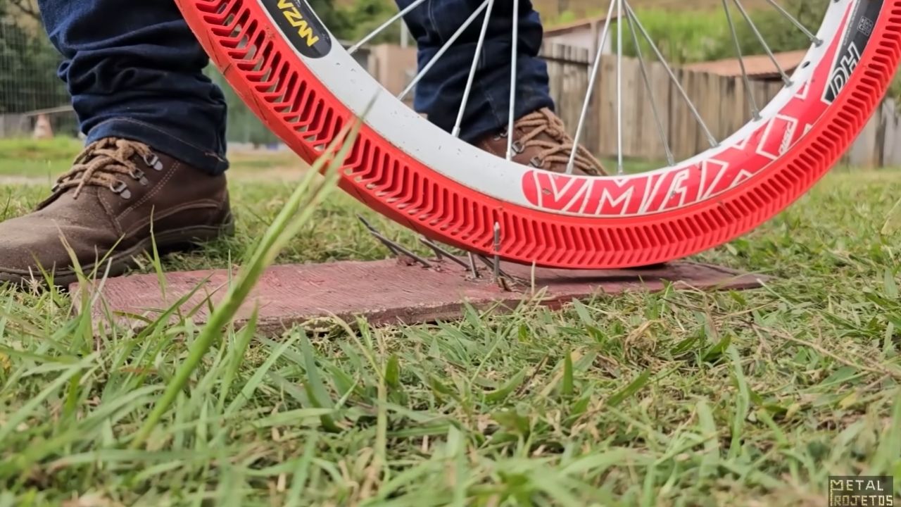 Airless bicycle tires use 3D printing and TPU; tests evaluate resistance and cushioning on stones, nails, and knife.