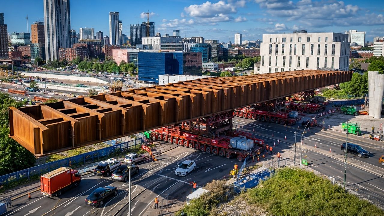 Ponte ferroviária gigante de 1.631 toneladas da ferrovia HS2 foi girada 90º e empurrada noite após noite sobre avenida movimentada em Birmingham, no Reino Unido, avançando até 24 (1)