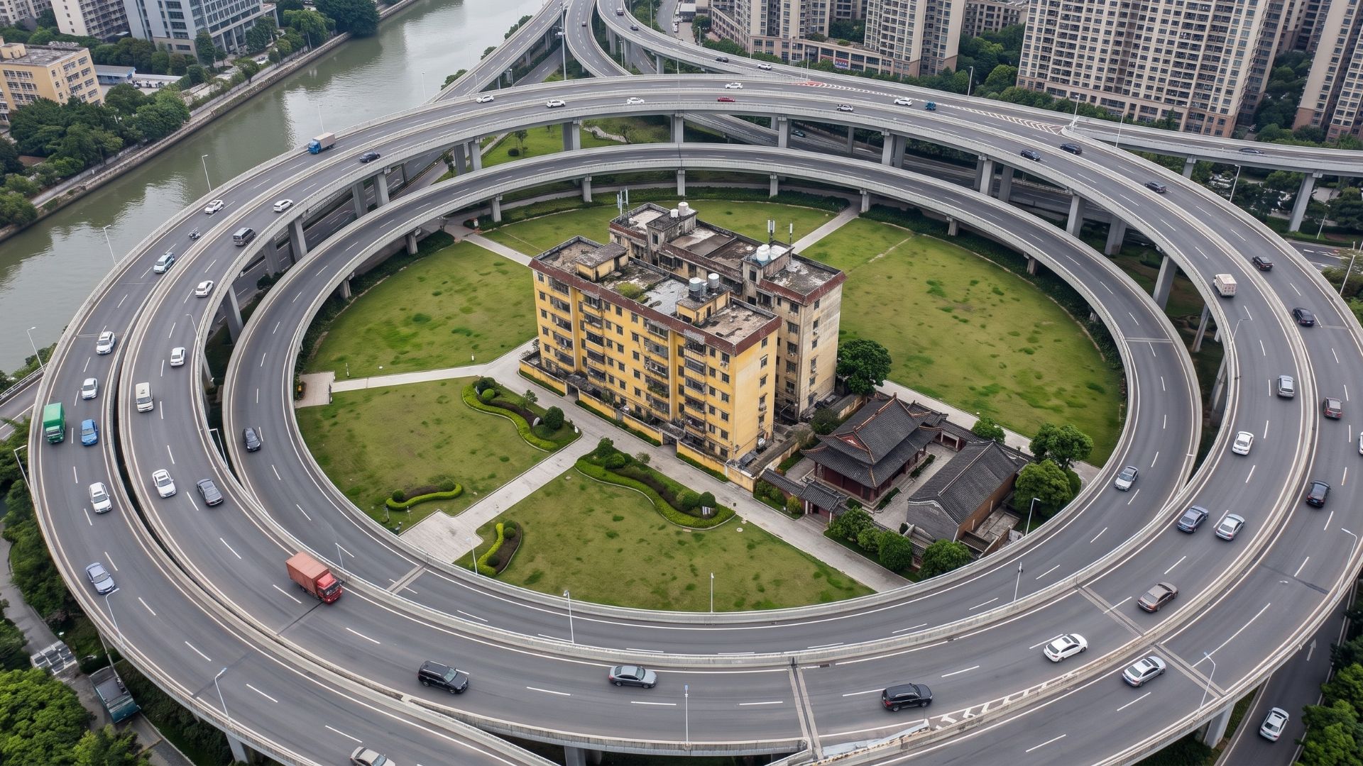 Prédio residencial ficou "cercado" dentro de um viaduto circular após moradores recusarem compensação e a obra avançar ao redor da construção na China