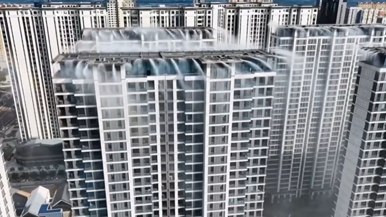 heat leads buildings in China to use misting as external air conditioning, but water consumption limits solution during heat waves.