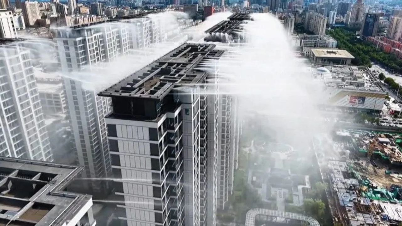 Prédios na China começaram a “chorar” água contra o calor sufocante: sistema nos telhados espalha névoa ultrafina, pode reduzir a temperatura de superfície em até 8°C e viraliza
