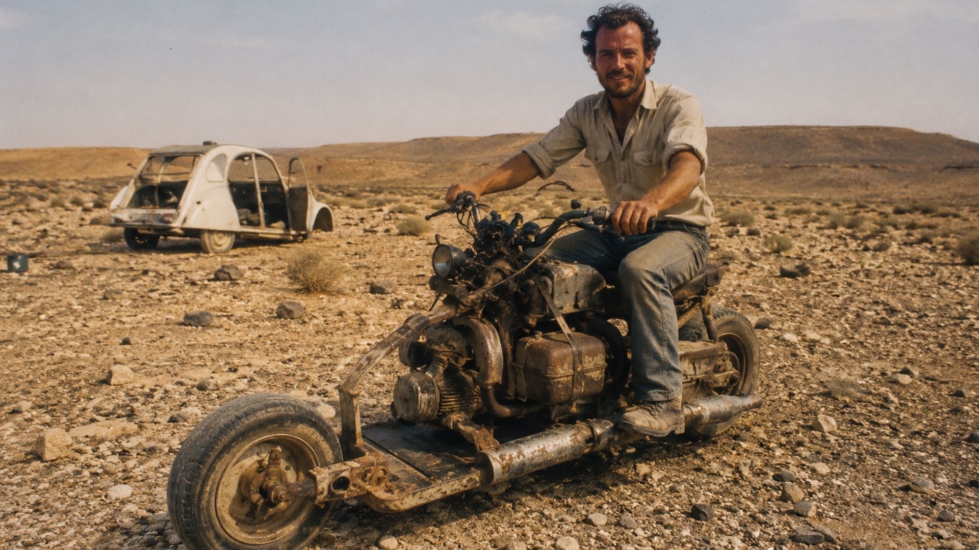 Eletricista francês ficou preso no Saara com o Citroën 2CV destruído, desmontou o carro e passou 12 dias montando uma moto com as peças para escapar.