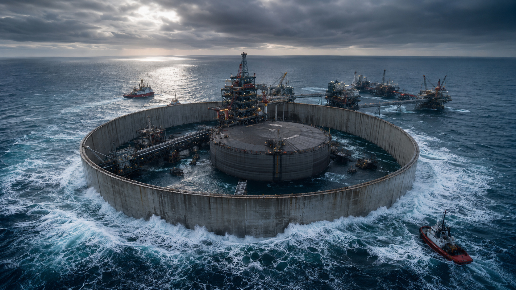 Projeto de engenharia marítima em Ekofisk cercou o tanque de petróleo com uma barreira circular de concreto