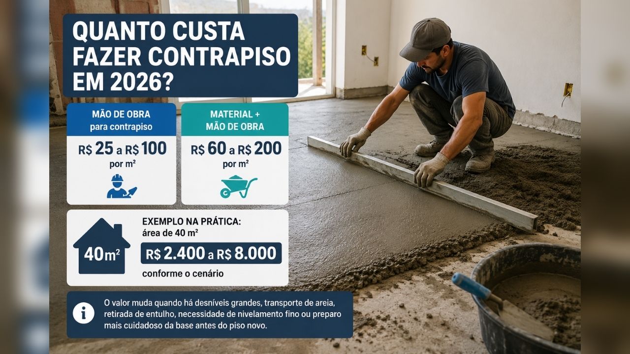 Contrapiso em 2026: preço do contrapiso, caimento, impermeabilização e piso trincado mostram risco de pagar duas vezes na obra.
