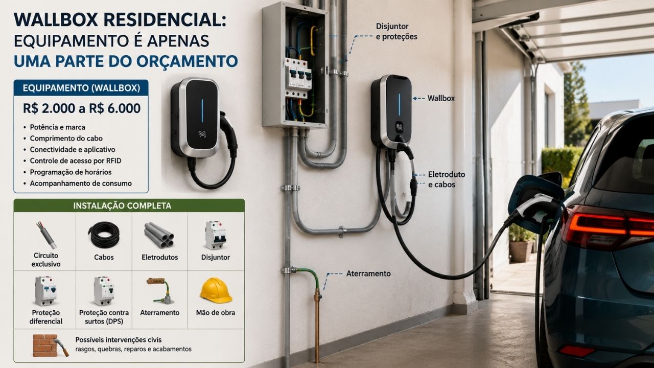 Carregador de carro elétrico: wallbox, quadro elétrico, circuito exclusivo e aumento de carga podem elevar a instalação acima de R$ 15 mil.