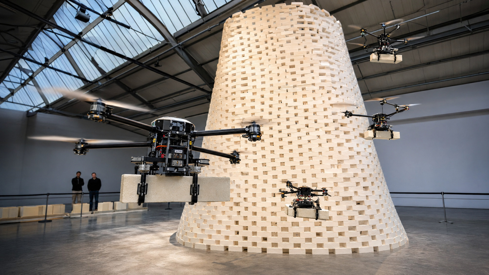 Quatro drones autônomos empilharam 1.500 blocos e construíram uma torre com 6 metros de altura em Orléans, na França.