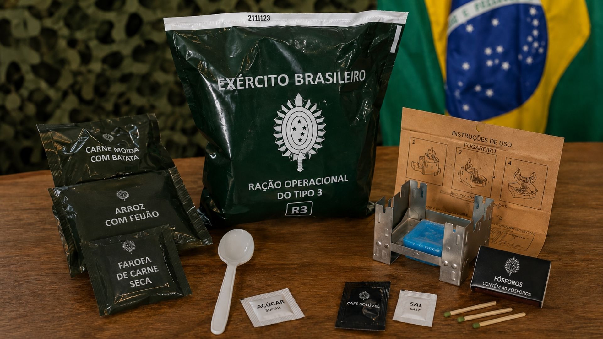 Ração R3 do Exército alimenta um militar por 12 horas sem cozinha, com kit de sobrevivência que traz fogareiro, combustível em gel e fósforos.
