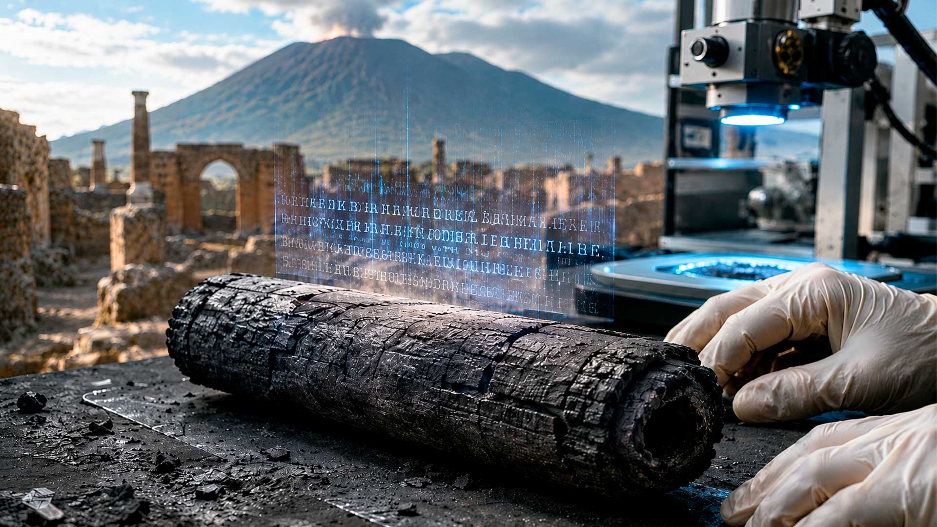 Raios X e inteligência artificial revelam texto de pergaminho carbonizado de Herculano preservado desde a erupção do Vesúvio em 79 d.C.