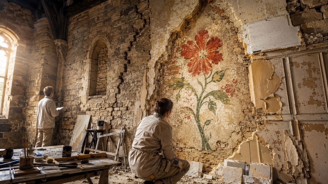 Reforma no Castelo de Durham revela pintura mural medieval de até 750 anos escondida sob gesso e painéis dos anos 1950, com flor vermelha e caule verde, enquanto arqueólogos (2)