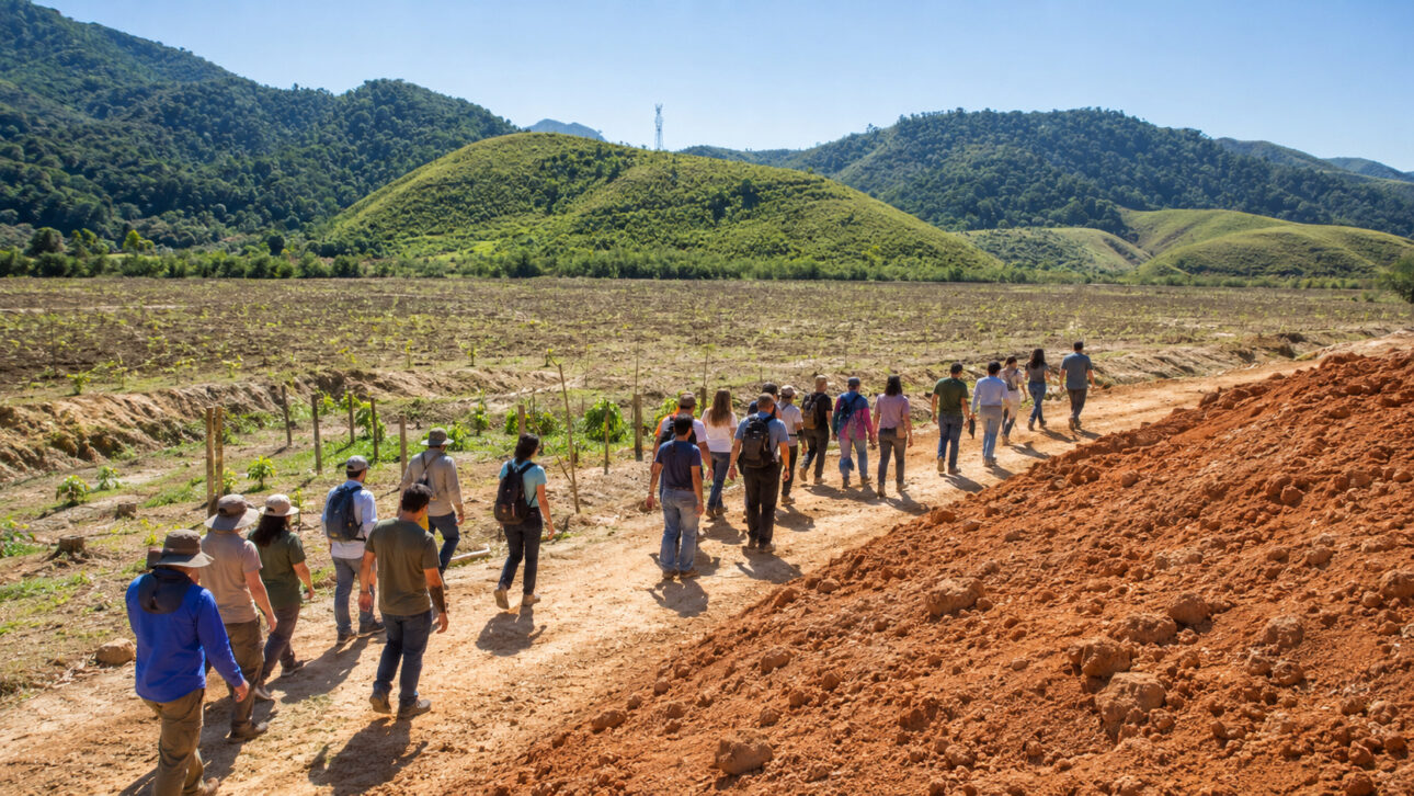 Grupo caminha por área rural em processo de restauração ecológica, cercada por montanhas da Mata Atlântica.