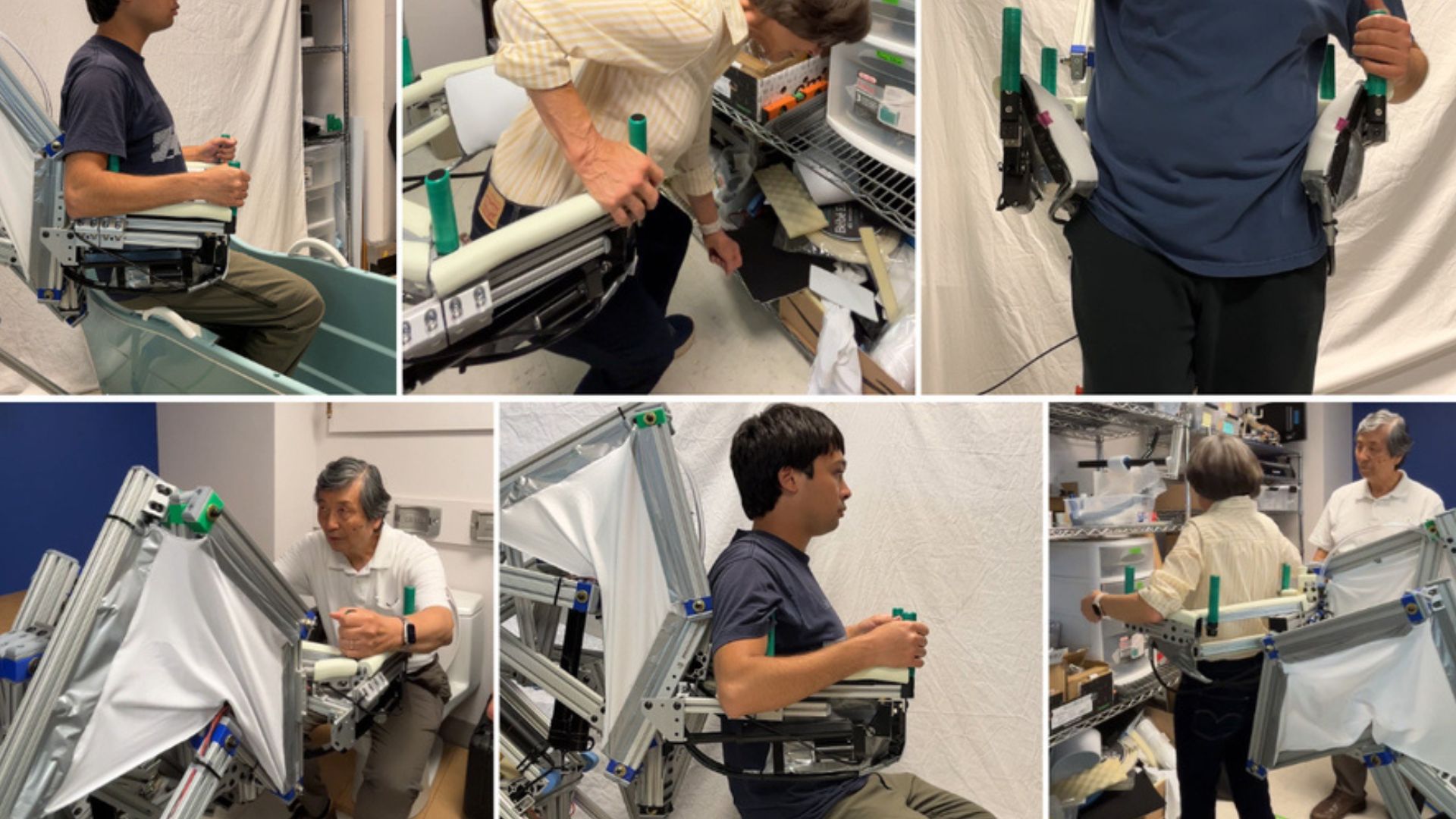 Engenheiros do MIT criaram um robô que acompanha idosos por trás, ajuda a sentar e levantar, sustenta o peso do corpo e infla airbags laterais se detectar uma queda