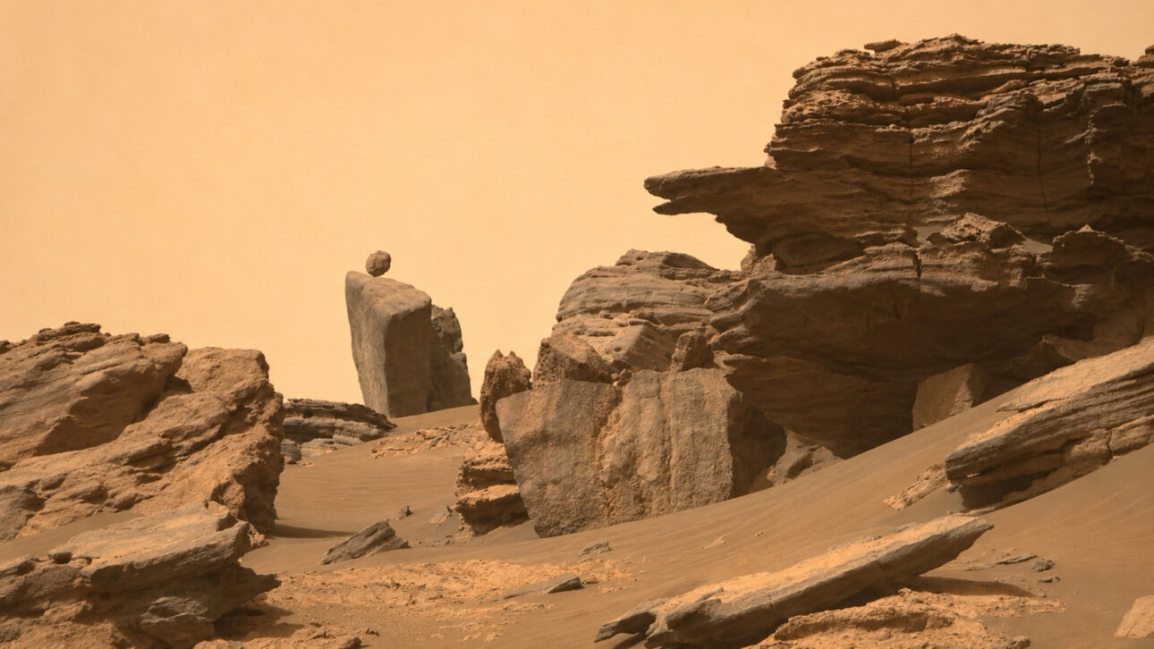 Paisagem marciana com dunas e grandes rochas erodidas, incluindo uma formação que lembra uma cobra, ilustrando a pareidolia em imagens do rover Perseverance.