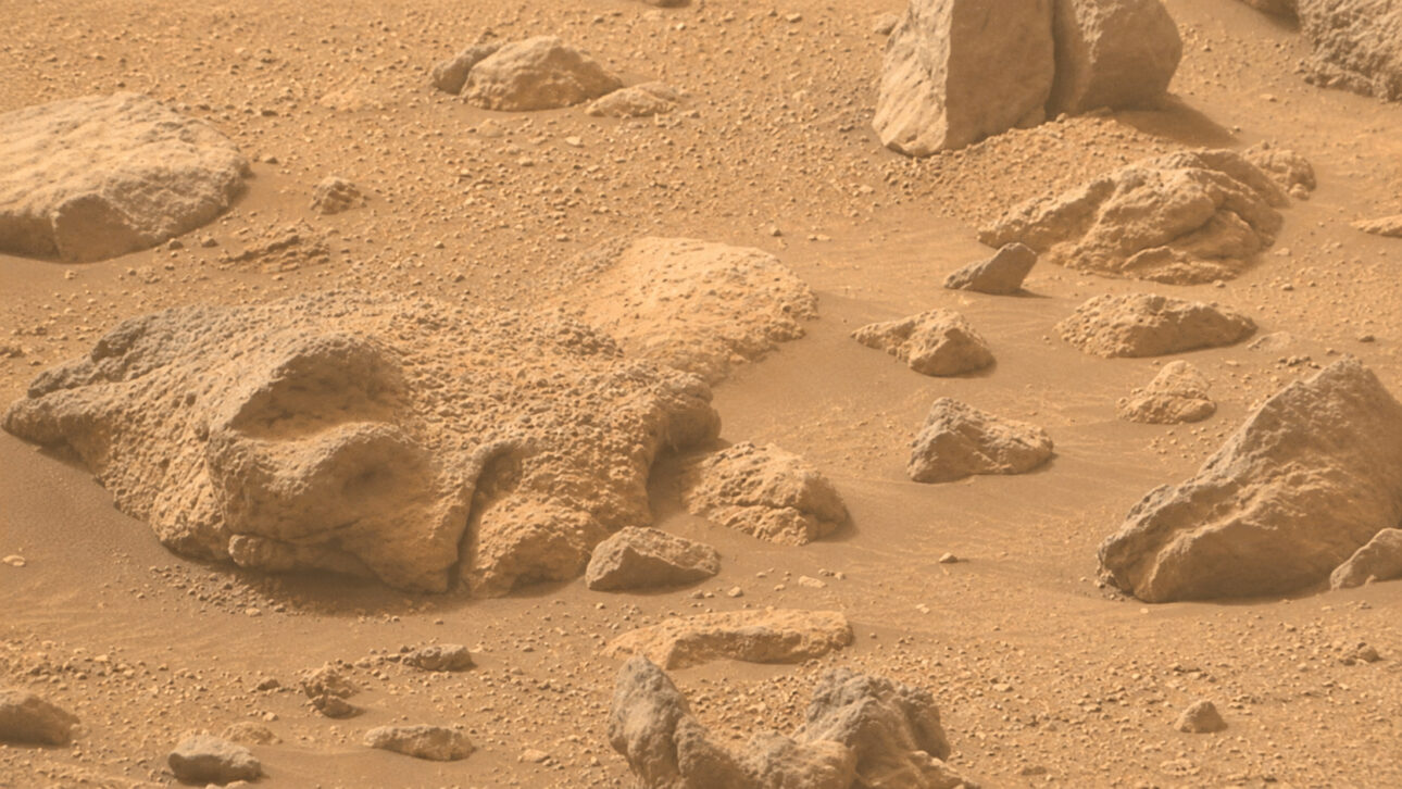Formação rochosa em terreno marciano poeirento lembra um rosto humano, ilustrando a pareidolia observada em imagens do rover Perseverance da NASA.