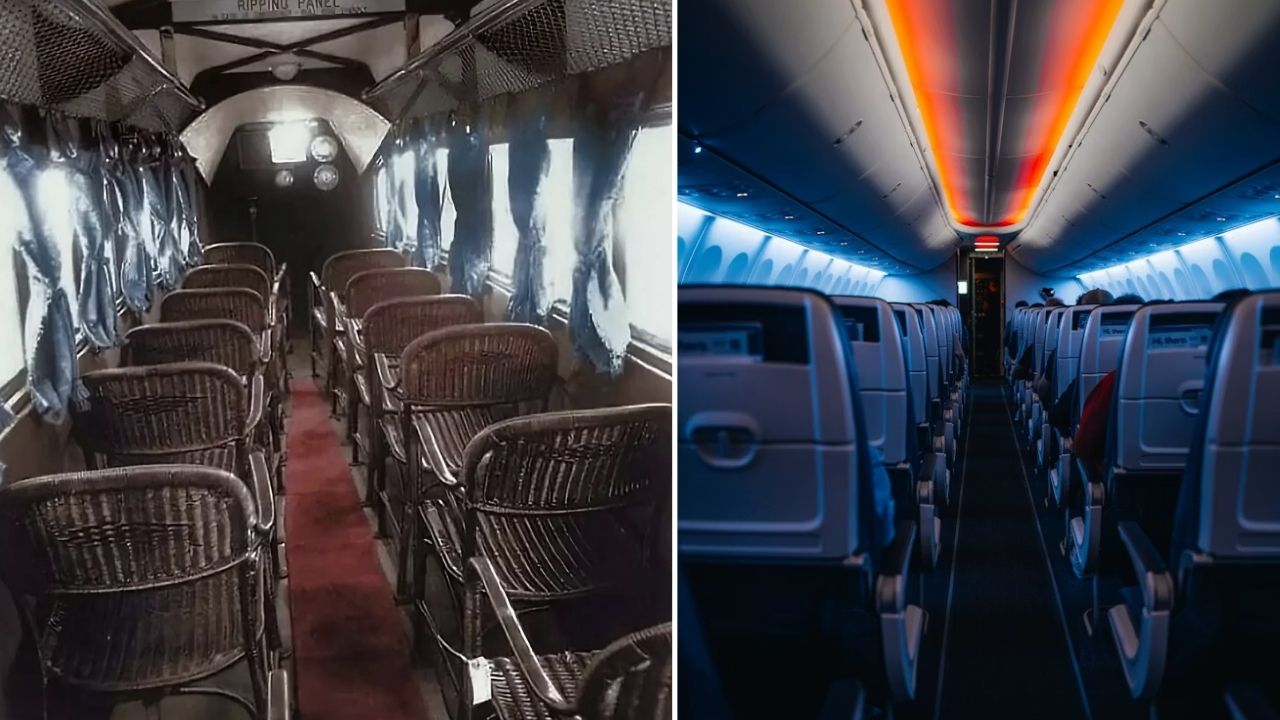 Se o assento de avião já parece apertado, imagine voar em uma cadeira de vime sem cinto nos primeiros voos comerciais, companhias escolhiam móveis leves para economizar peso (1)
