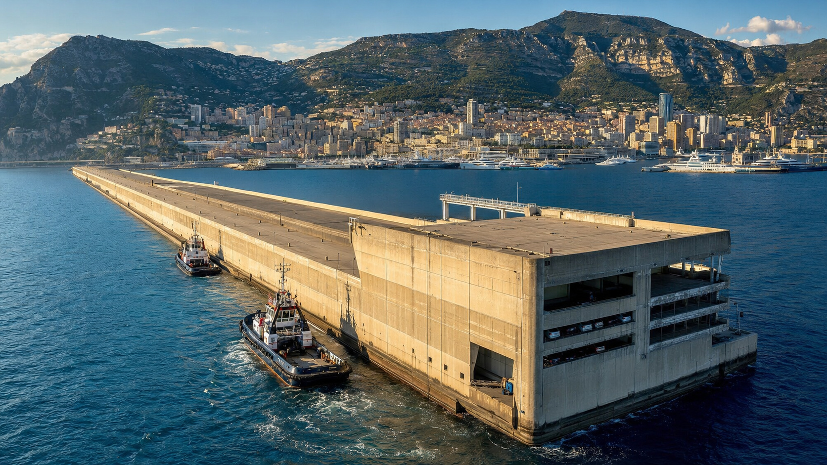 Sem conseguir apoiar uma barreira no fundo do mar a mais de 50 metros de profundidade, Mônaco adotou uma solução parecida com um enorme navio de concreto.