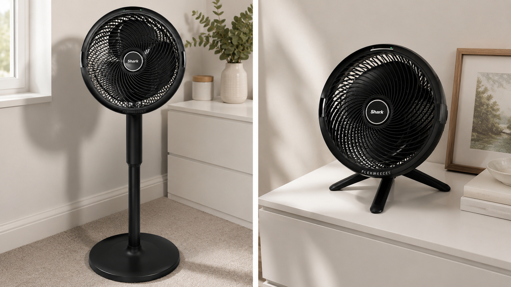 O Shark FlexBreeze combina ventilador de pedestal e de mesa em um único aparelho, funciona com bateria ou ligado na tomada e pode ser usado em ambientes internos e externos.