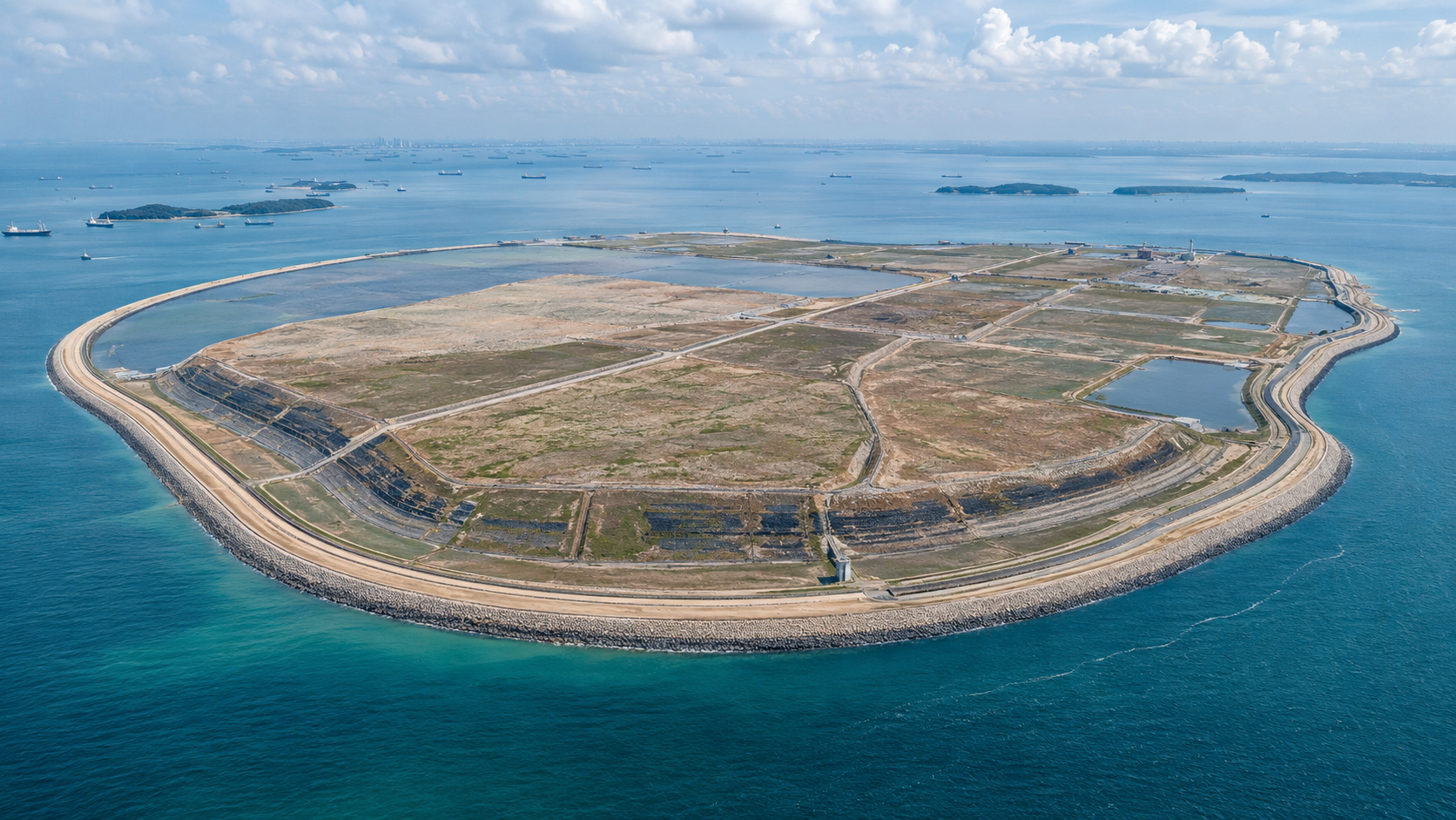 Singapura criou uma ilha artificial de lixo no mar com um dique de 7 km, 350 hectares e capacidade para milhões de toneladas de resíduos.