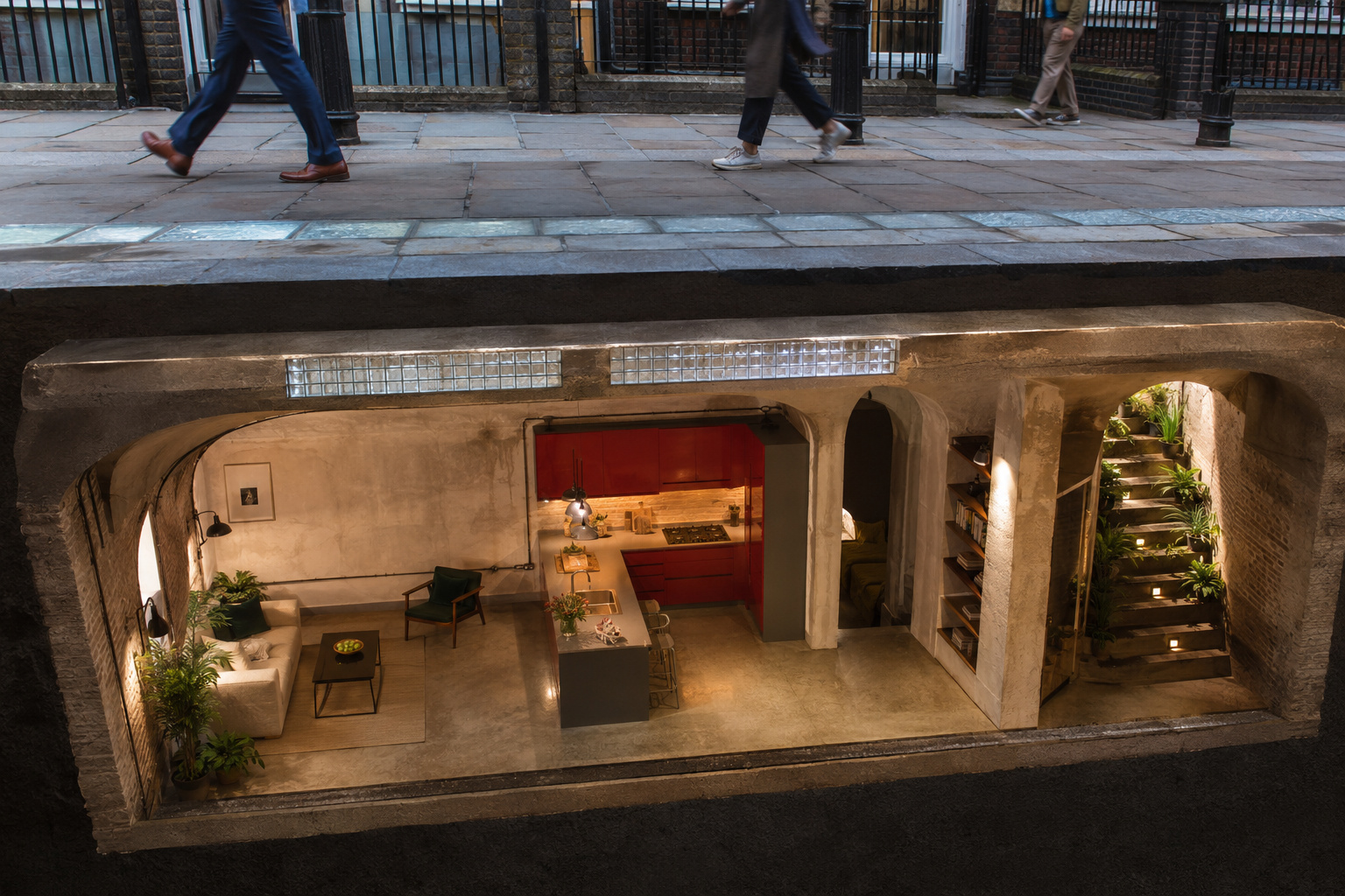 Sob uma calçada movimentada de Londres, antigos banheiros públicos de 1929 escondem uma casa completa.