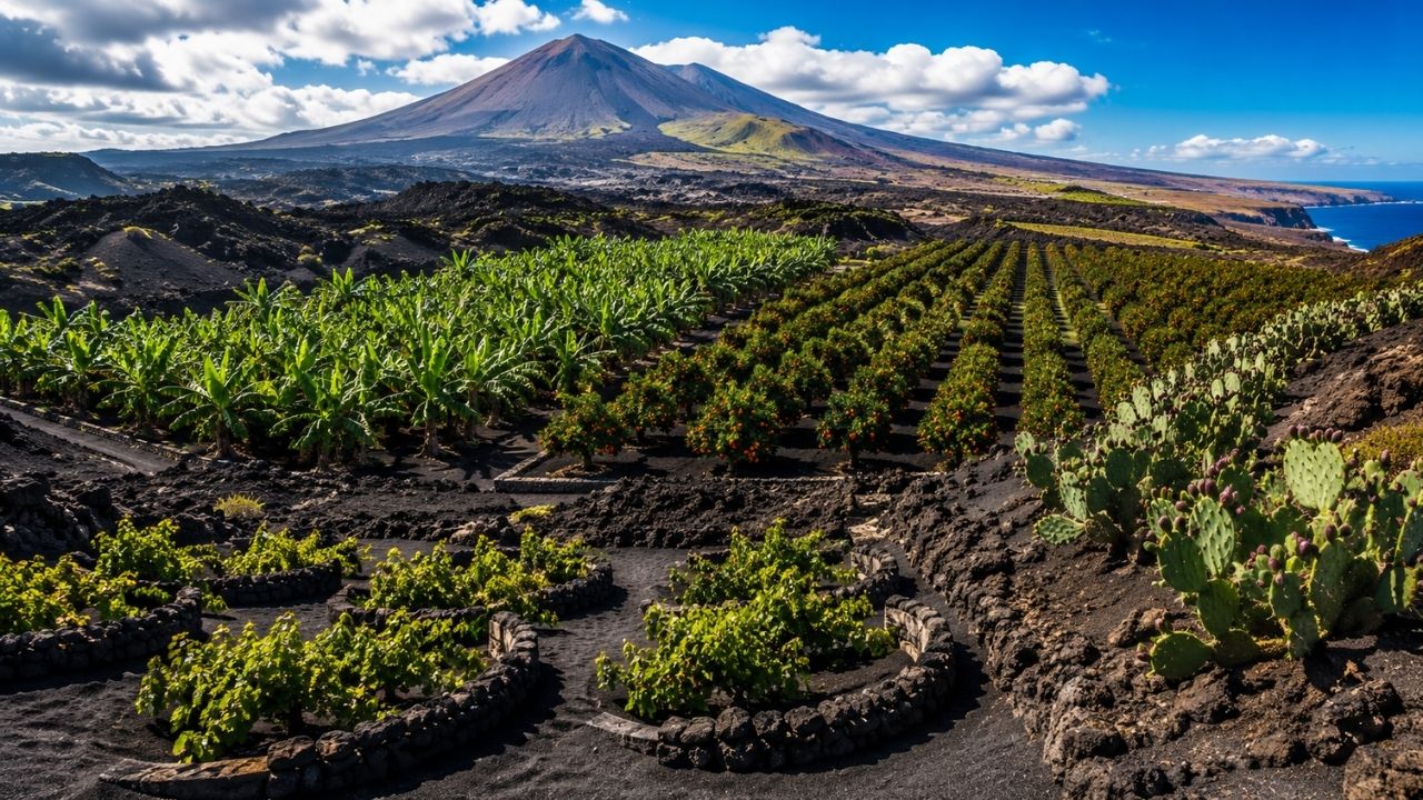 Solos vulcânicos que nasceram de erupções destruidoras viraram lavouras milionárias cinzas alimentam uvas em Lanzarote, bananas nas Canárias, laranjas sanguíneas no Etna e cactos (5)