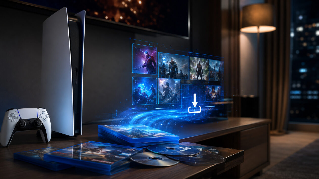 Consola PlayStation con discos físicos y biblioteca digital, representando el fin de los nuevos juegos en medios físicos.