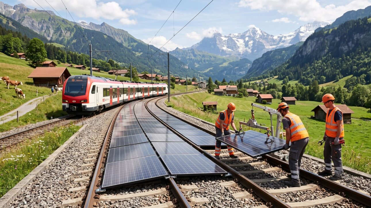 Suíça transforma trilhos de trem em usinas solares com painéis removíveis instalados entre os trilhos