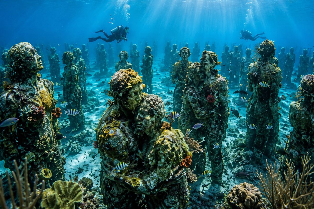 Mais de 500 estátuas humanas afundadas em Cancún pelo artista Jason deCaires Taylor viraram recife vivo coberto de corais