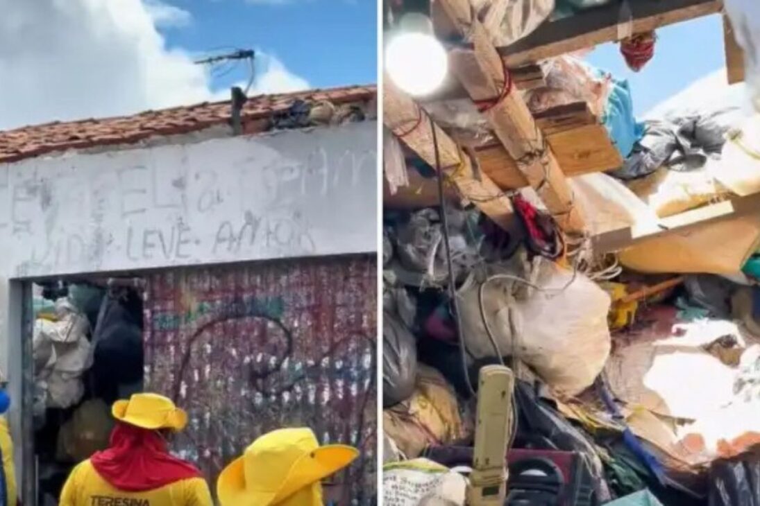 Lixo empilhado até o telhado em Teresina: mais de 40 toneladas retiradas de uma casa e morador com transtorno de acumulação em tratamento pelo SUS.