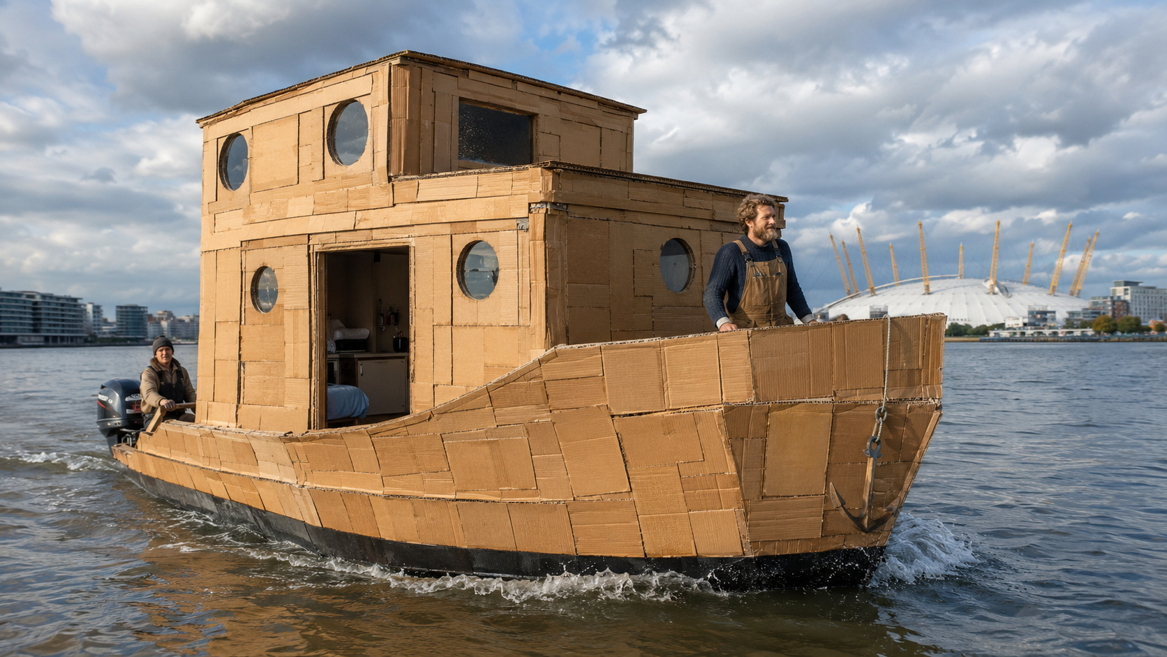 Uma casa flutuante feita com papelão reciclado entrou no Rio Tâmisa e conseguiu navegar sem se desfazer na água.