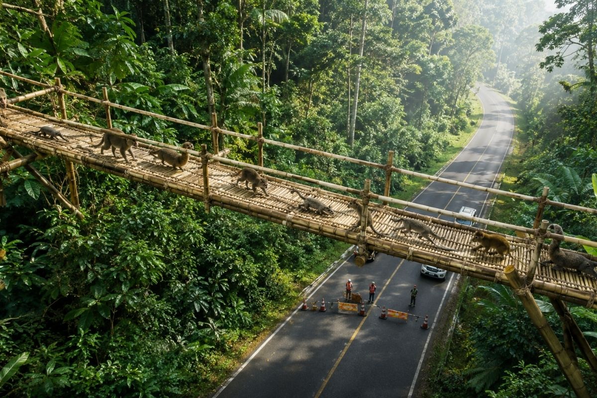 Voluntários fecham estrada e montam pontes de bambu para bichos atravessarem em Taiwan. A contagem saltou de 5 mil para mais de 10 mil em uma temporada.