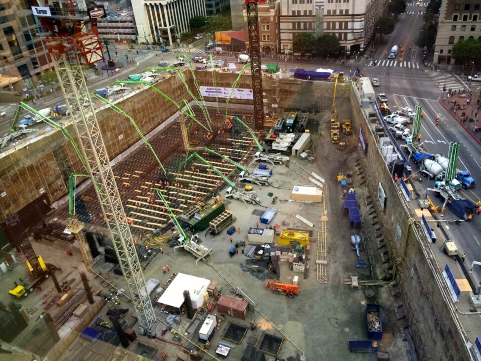 construction of the Wilshire Grand Center mobilized more than 2,100 trucks in a continuous concrete pour