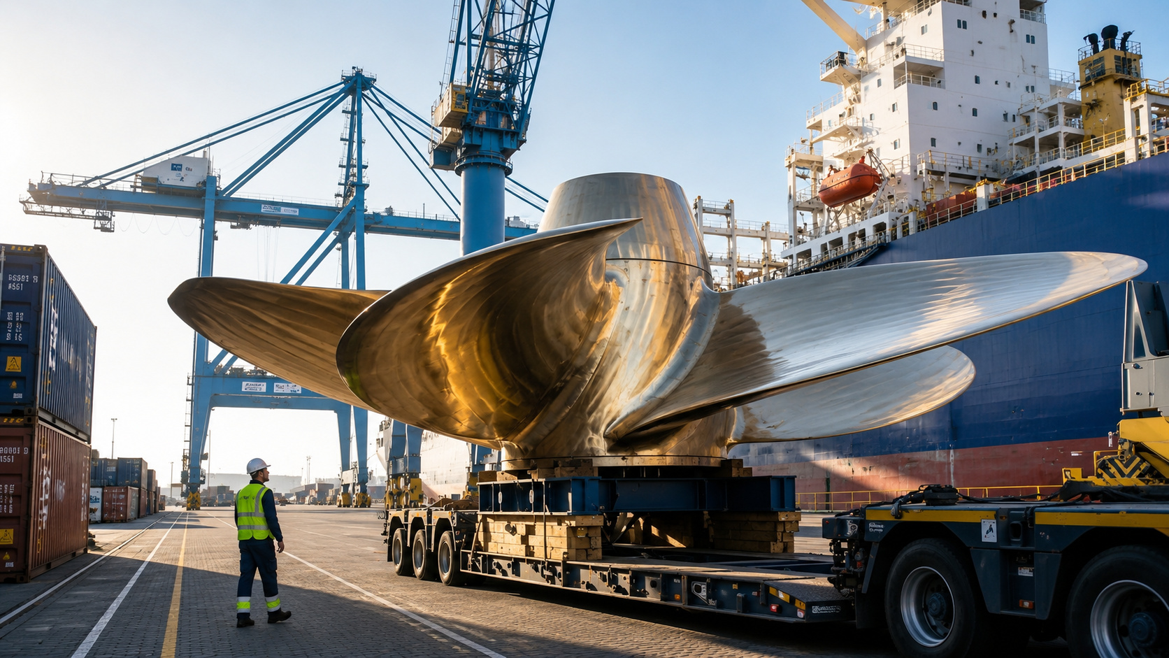 Hélice naval gigante de bronze transportada em carreta especial dentro de um terminal portuário, ao lado de um navio porta-contêineres e guindastes industriais.