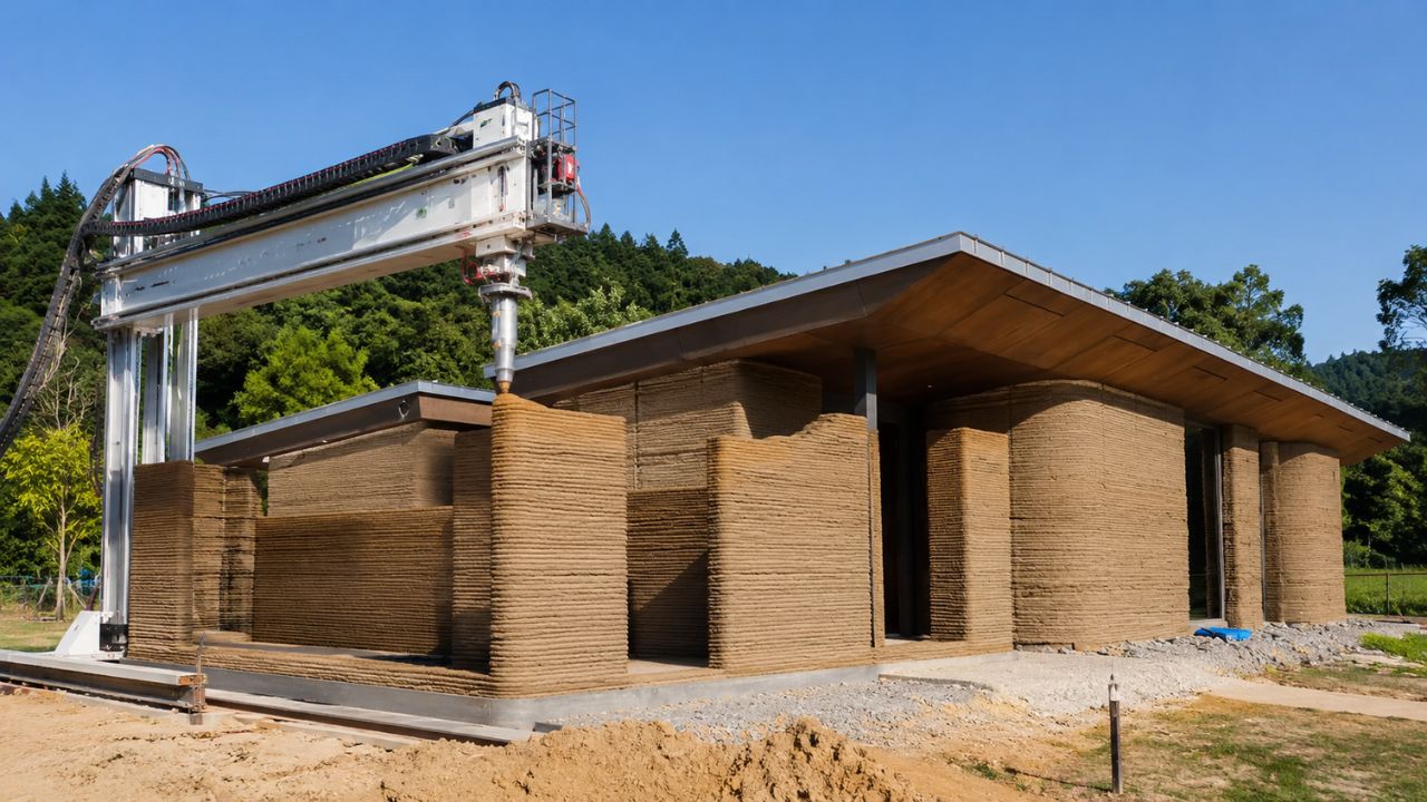 Casa impressa em 3D com terra foi construída no Japão com materiais naturais, energia solar e componentes que podem retornar ao solo após o uso.