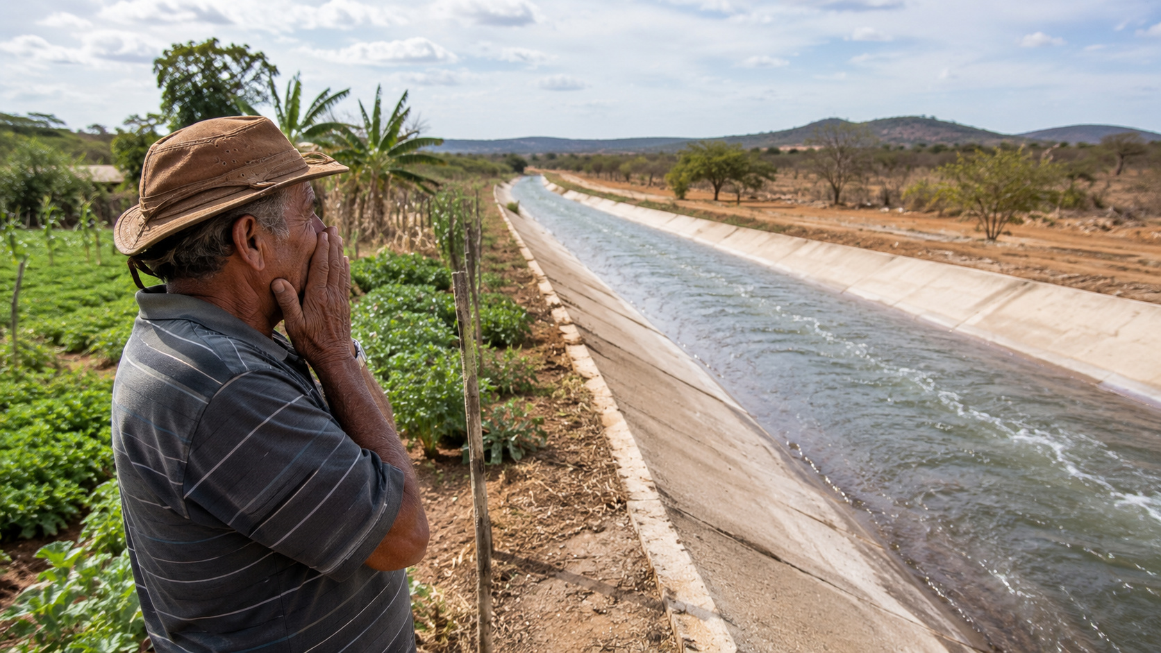 Agricultor acompanha chegada das águas da transposição no semiárido nordestino.