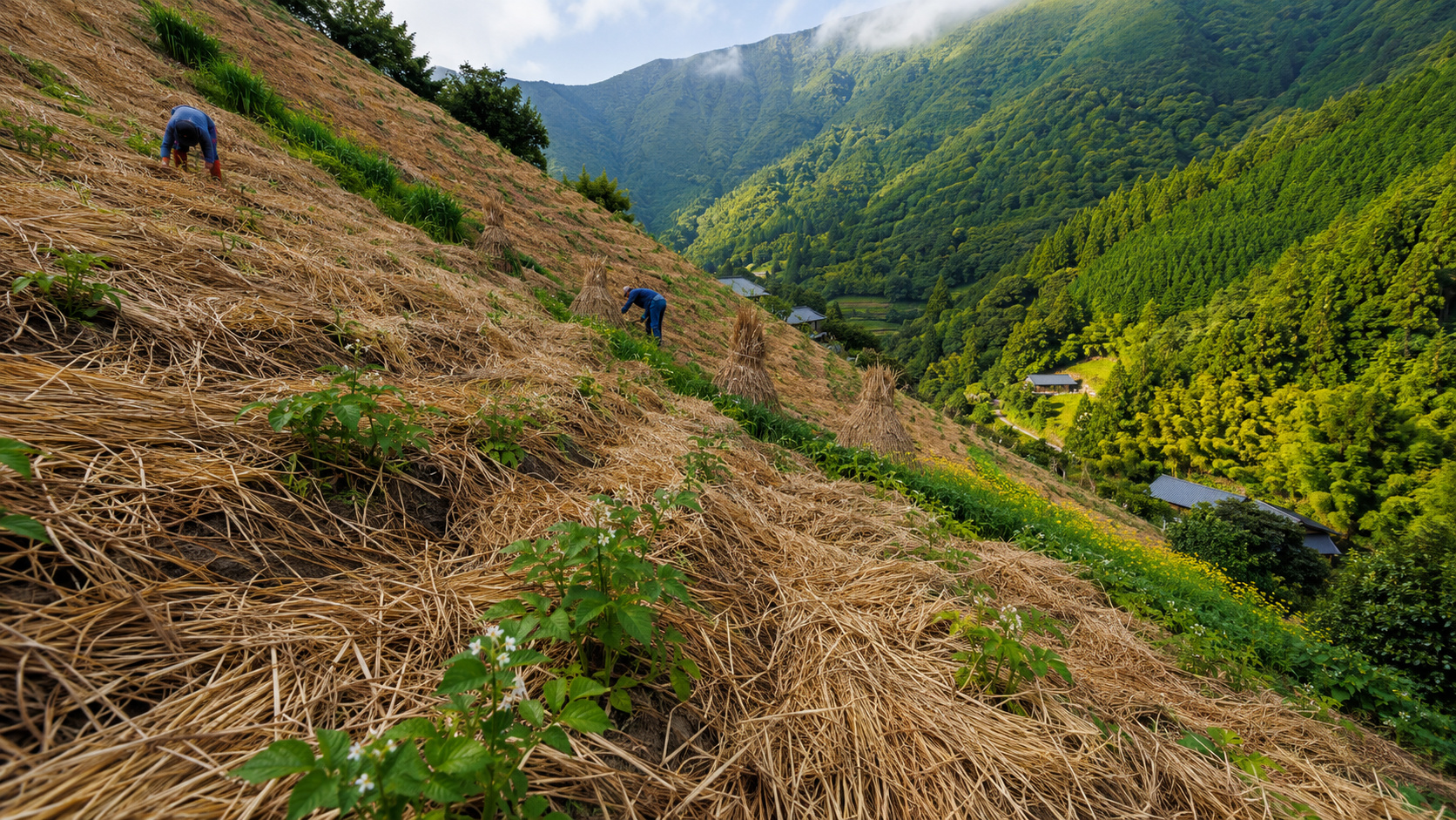 Nas montanhas de Nishi Awa, no Japão, a agricultura em encostas de até 40 graus usa capim seco para reduzir a erosão