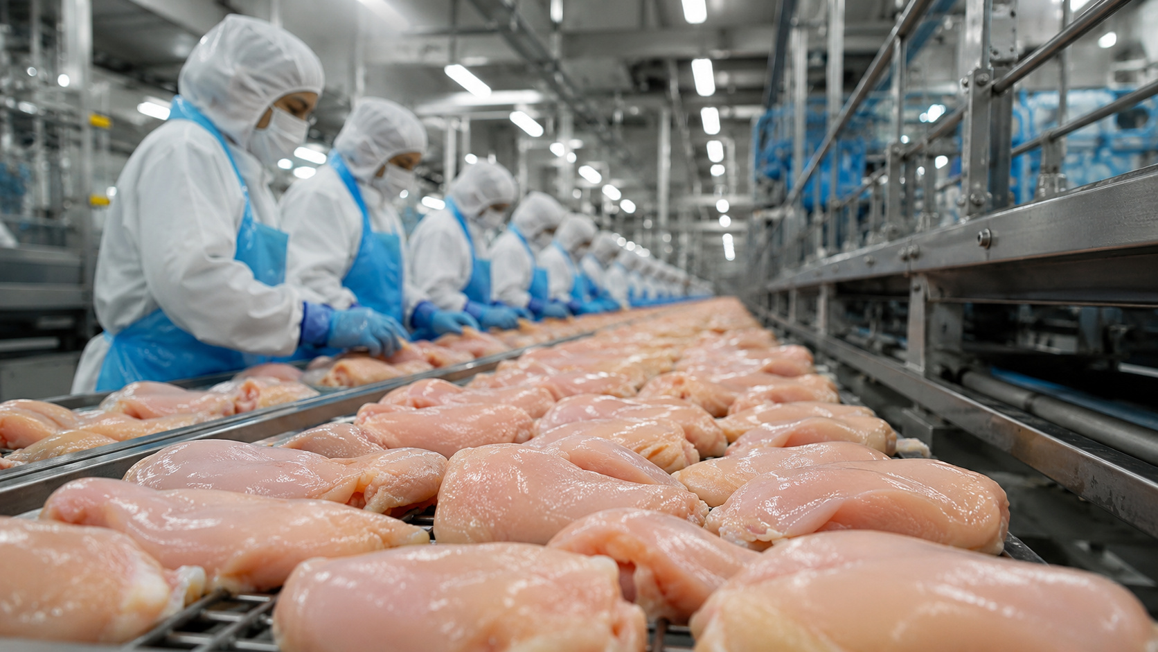 Linha de processamento de carne de frango em frigorífico com trabalhadores utilizando equipamentos de proteção durante inspeção sanitária e controle de qualidade para exportação.