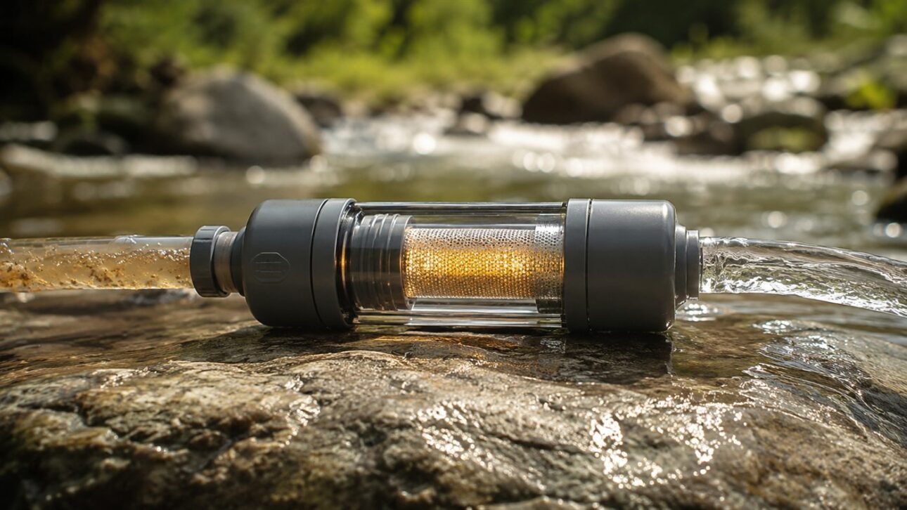 Dirty water enters from one side and passes through a titanium screen activated by sunlight.