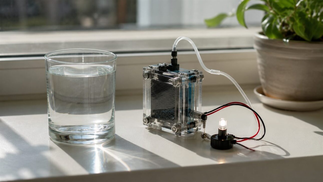At the end of the process, potable water and energy generated by a hydrogen cell are produced.